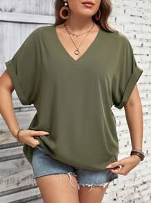 SHEIN LUNE Plus Solid Batwing Sleeve V Neck Blouse - Army Green - View 6