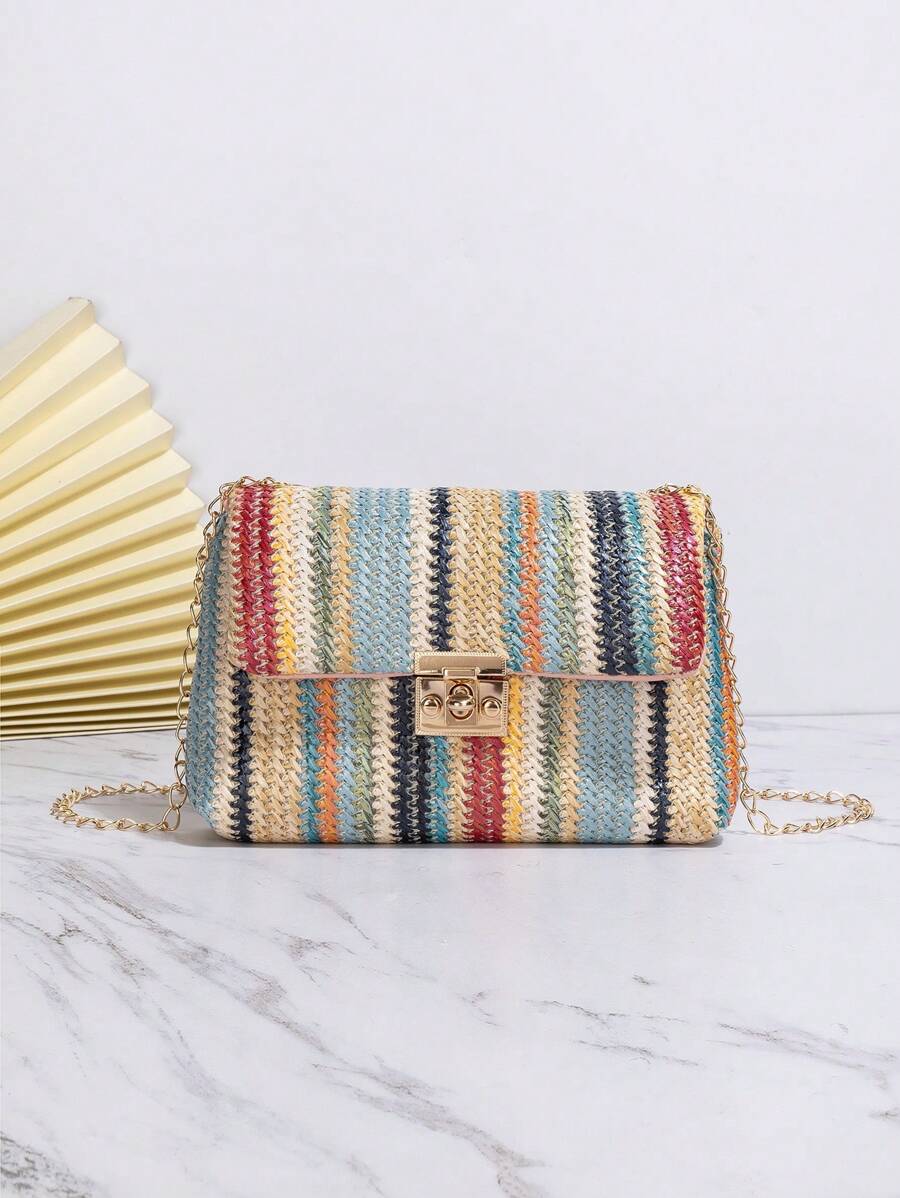 小草編包條紋圖案鏈條帶度假風格 - 彩色 - 查看 1
