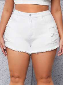 SHEIN SXY Plus Ripped Raw Hem Denim Shorts - White - View 1