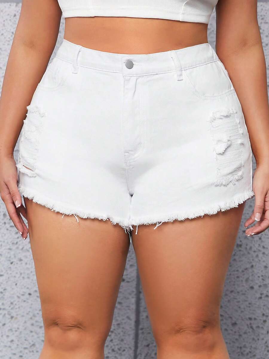 SHEIN SXY Plus Ripped Raw Hem Denim Shorts - White - View 1