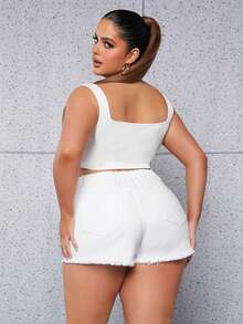 SHEIN SXY Plus Ripped Raw Hem Denim Shorts - White - View 2