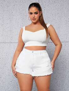 SHEIN SXY Plus Ripped Raw Hem Denim Shorts - White - View 3