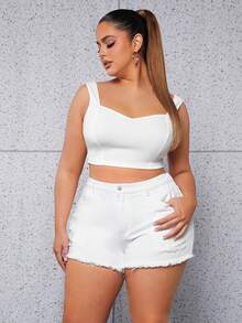 SHEIN SXY Plus Ripped Raw Hem Denim Shorts - White - View 5