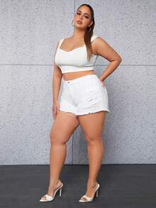 SHEIN SXY Plus Ripped Raw Hem Denim Shorts - White - View 6