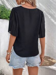 SHEIN LUNE Áo sơ mi nữ Xếp li màu trơn Giải trí - màu đen - Xem 2