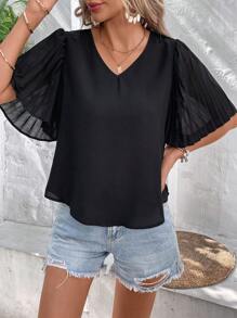 SHEIN LUNE Áo sơ mi nữ Xếp li màu trơn Giải trí - màu đen - Xem 4