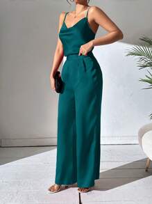 Chiquease Draped Collar Cami Top & Wide Leg Trousers - Cadet Blue - View 3