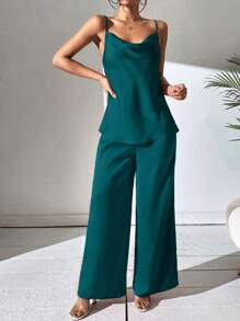 Chiquease Draped Collar Cami Top & Wide Leg Trousers - Cadet Blue - View 4