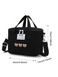 1入組帶刺繡的牛津布隔熱便攜式尿布袋,大容量多功能媽媽與嬰兒包,午餐袋 - 黑色 - 查看 3