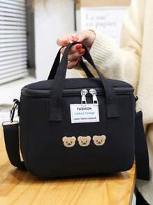 1入組帶刺繡的牛津布隔熱便攜式尿布袋,大容量多功能媽媽與嬰兒包,午餐袋 - 黑色 - 查看 4