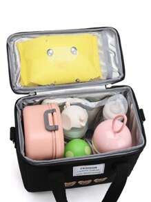 1入組帶刺繡的牛津布隔熱便攜式尿布袋,大容量多功能媽媽與嬰兒包,午餐袋 - 黑色 - 查看 5