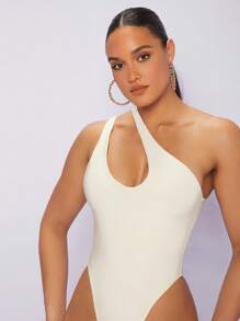 Silquee 單肩鏤空素色連身背心 - 米色 - 查看 1