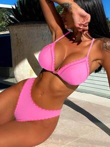 Contrast Trim Triangle Bikini Set For Summer Beach - Pink - View 1