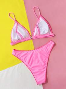 Contrast Trim Triangle Bikini Set For Summer Beach - Pink - View 2