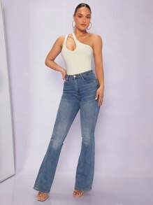 Silquee 單肩鏤空素色連身背心 - 米色 - 查看 4