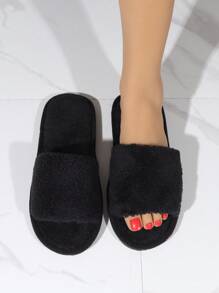 女士極簡毛茸茸時尚家居拖鞋黑色