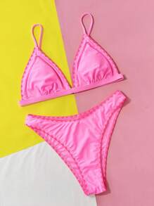 Contrast Trim Triangle Bikini Set For Summer Beach - Pink - View 4