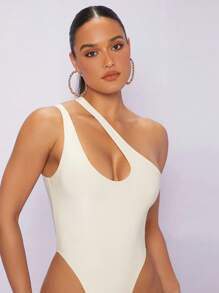 Silquee 單肩鏤空素色連身背心 - 米色 - 查看 5