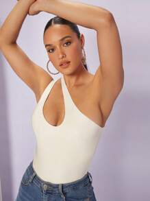 Silquee 單肩鏤空素色連身背心 - 米色 - 查看 6