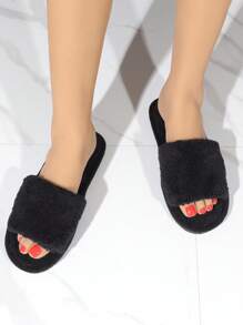 女士極簡毛茸茸時尚家居拖鞋黑色