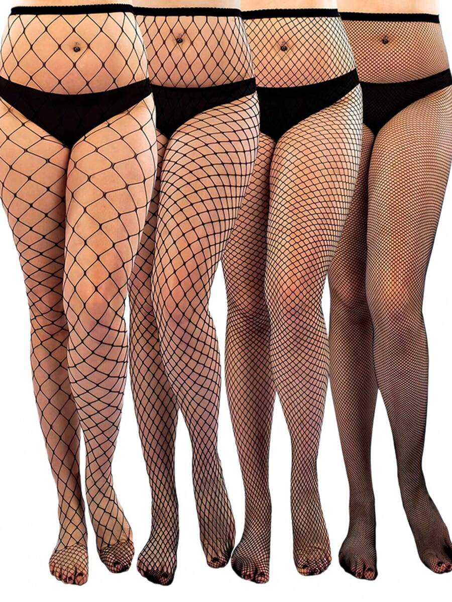4 đôi quần tất lưới cá cỡ lớn đơn giản cho nữ, để trang trí hàng ngày - màu đen - Xem 1