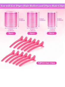 30 件自粘式卷发筒套装，适合不同头发长度，卷发筒和夹子套装，含 18 个卷发器自握式固定卷发筒和 12 个不锈钢鳄鱼发夹，无热卷发器带夹子，可作为 DIY 发型设计工具 - 玫紅色 - 查看 3