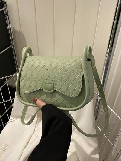 Small Saddle Bag Argyle Embossed Flap Fashion Style