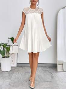 SHEIN Privé 蕾絲拼接百褶洋裝 - 白色 - 查看 4