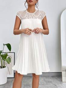 SHEIN Privé 蕾絲拼接百褶洋裝 - 白色 - 查看 5