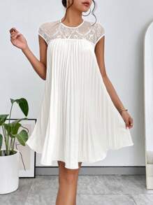 SHEIN Privé 蕾絲拼接百褶洋裝 - 白色 - 查看 7