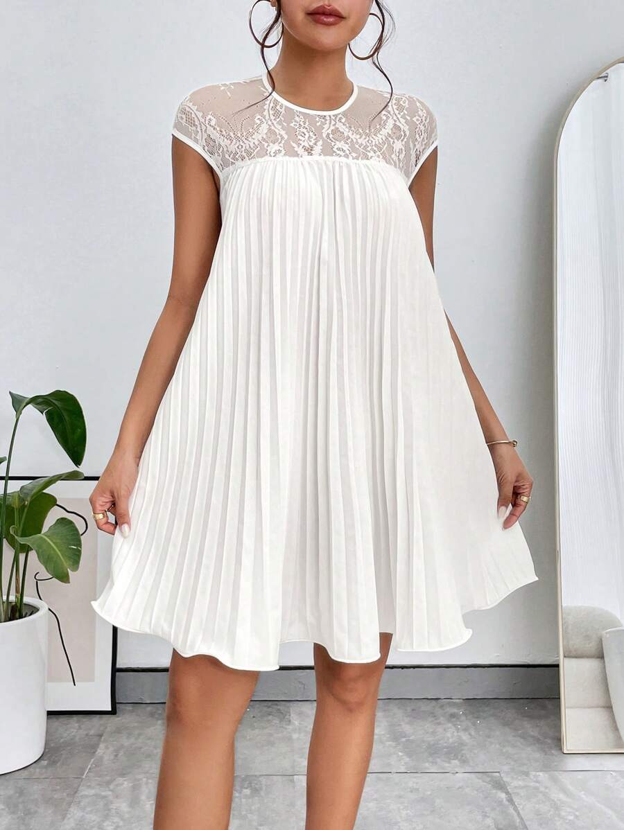 SHEIN Privé 蕾絲拼接百褶洋裝 - 白色 - 查看 1