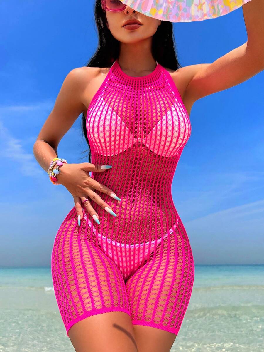 Swim SXY Summer Beach Hollow Out Fishnet Bodycon Dress Without Liner - Hot Pink - View 1