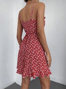 EURMUSE Ditsy Floral Print Ruffle Trim Cami Dress - Red - View 2