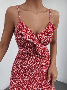 EURMUSE Ditsy Floral Print Ruffle Trim Cami Dress - Red - View 3