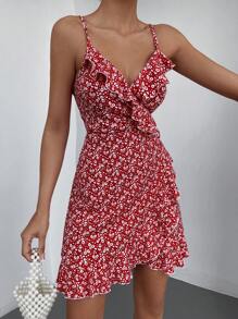 EURMUSE Ditsy Floral Print Ruffle Trim Cami Dress - Red - View 4