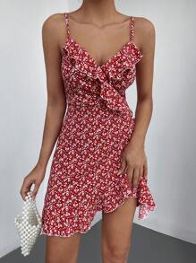 EURMUSE Ditsy Floral Print Ruffle Trim Cami Dress - Red - View 5