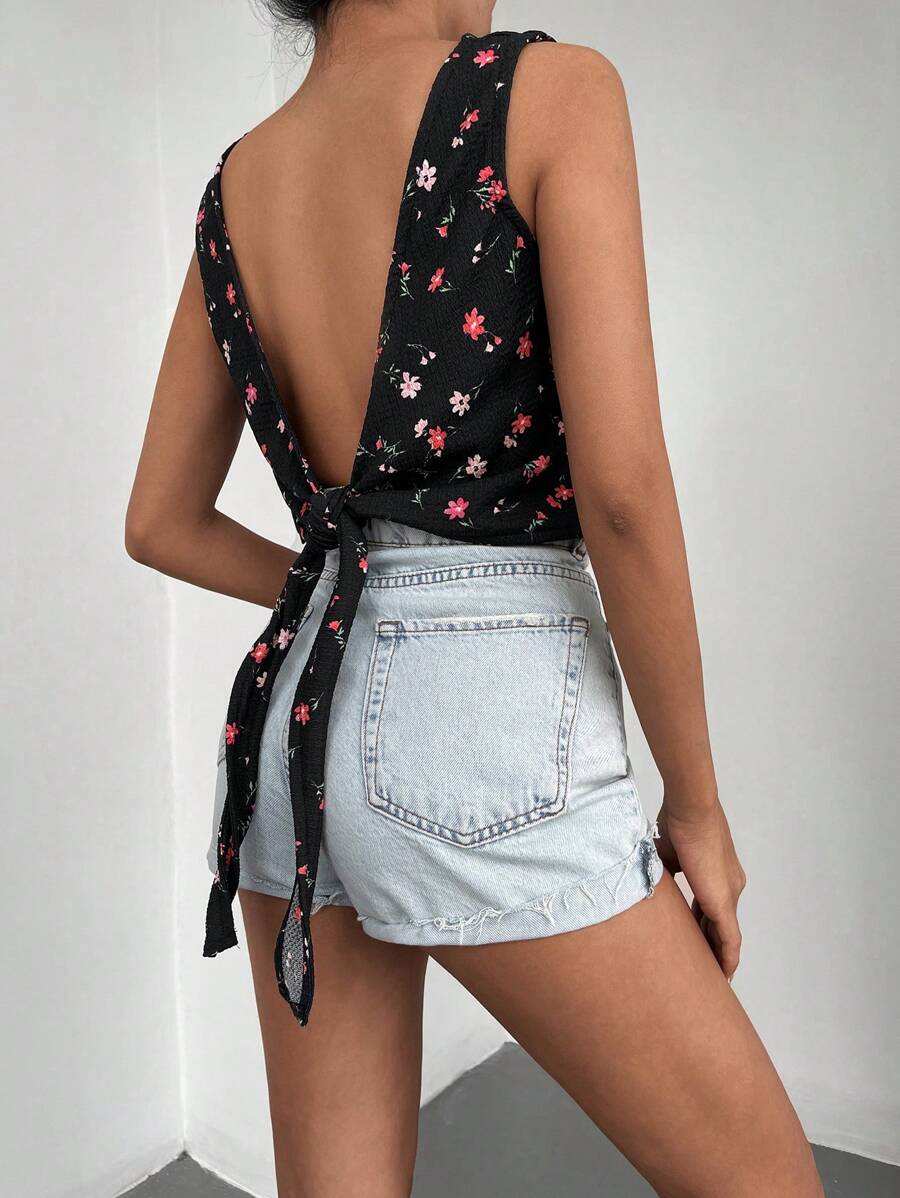 EURMUSE Ditsy Floral Print Tie Backless Top - Black - View 1