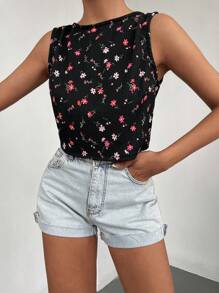 EURMUSE Ditsy Floral Print Tie Backless Top - Black - View 2