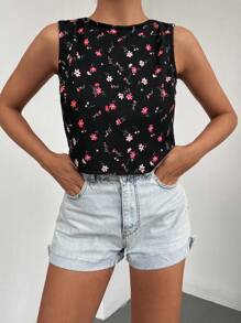 EURMUSE Ditsy Floral Print Tie Backless Top - Black - View 3