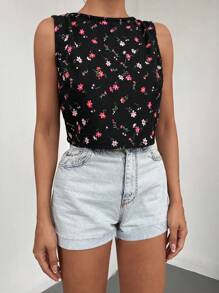 EURMUSE Ditsy Floral Print Tie Backless Top - Black - View 4