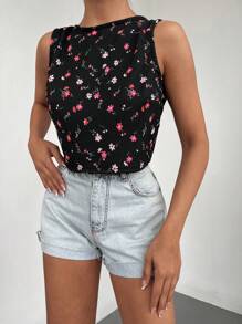 EURMUSE Ditsy Floral Print Tie Backless Top - Black - View 5