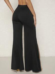 Hauture Rhinestone Detail Split Thigh Pants - Black - View 2
