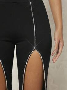 Hauture Rhinestone Detail Split Thigh Pants - Black - View 4