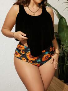 SHEIN Swim Curve Plus Size Sunflower Print Hanky Hem Tankini Summer Beach - Multicolor - View 1