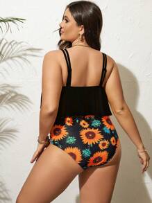 SHEIN Swim Curve Plus Size Sunflower Print Hanky Hem Tankini Summer Beach - Multicolor - View 2