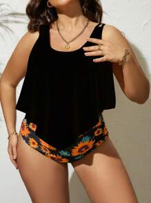 SHEIN Swim Curve Plus Size Sunflower Print Hanky Hem Tankini Summer Beach - Multicolor - View 5