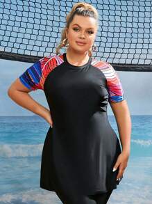 Swim SPRTY Top de burkini con mangas raglán con estampado de rayas para verano en la playa, tallas grandes - Negro - Ver 1