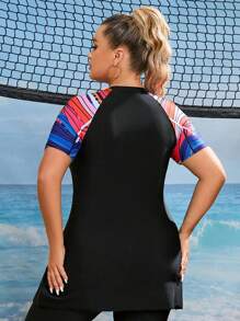 Swim SPRTY Top de burkini con mangas raglán con estampado de rayas para verano en la playa, tallas grandes - Negro - Ver 2