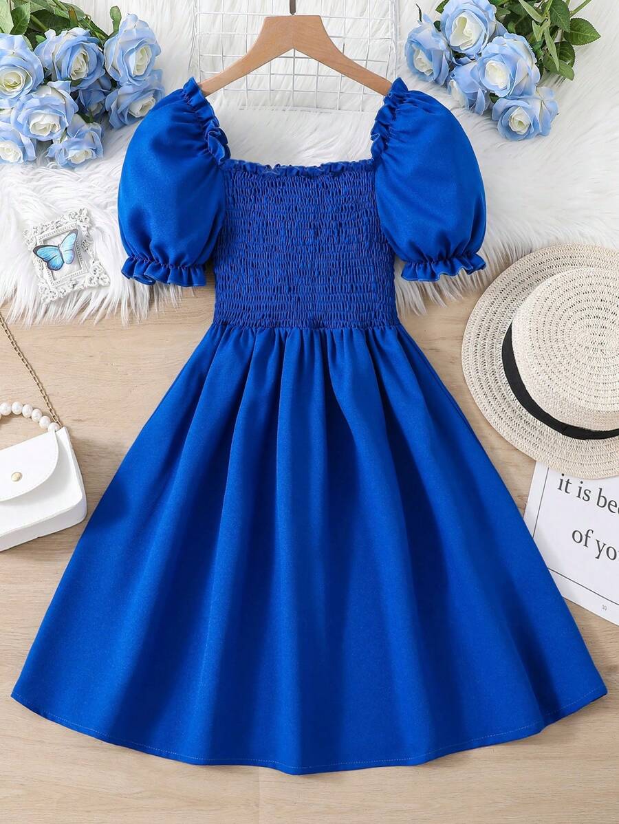 SHEIN 女孩泡泡袖褶邊打攬連衣裙 - 寶藍色 - 查看 1