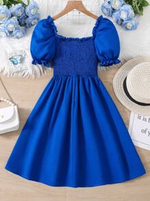 SHEIN 女孩泡泡袖褶邊打攬連衣裙 - 寶藍色 - 查看 2